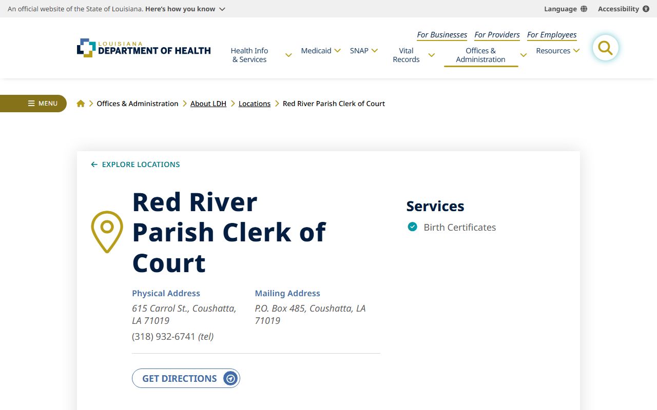 Red River Parish Clerk of Court LDH service listing