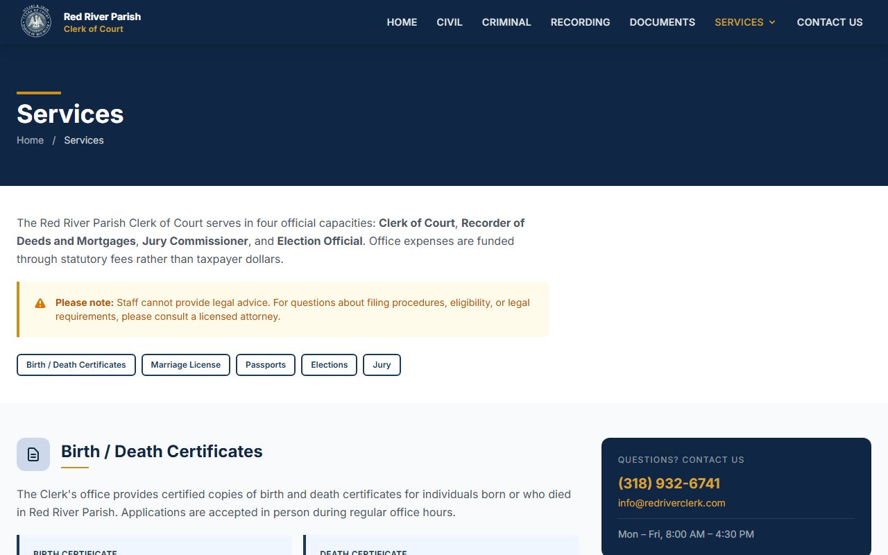 Red River Parish court records clerk services page